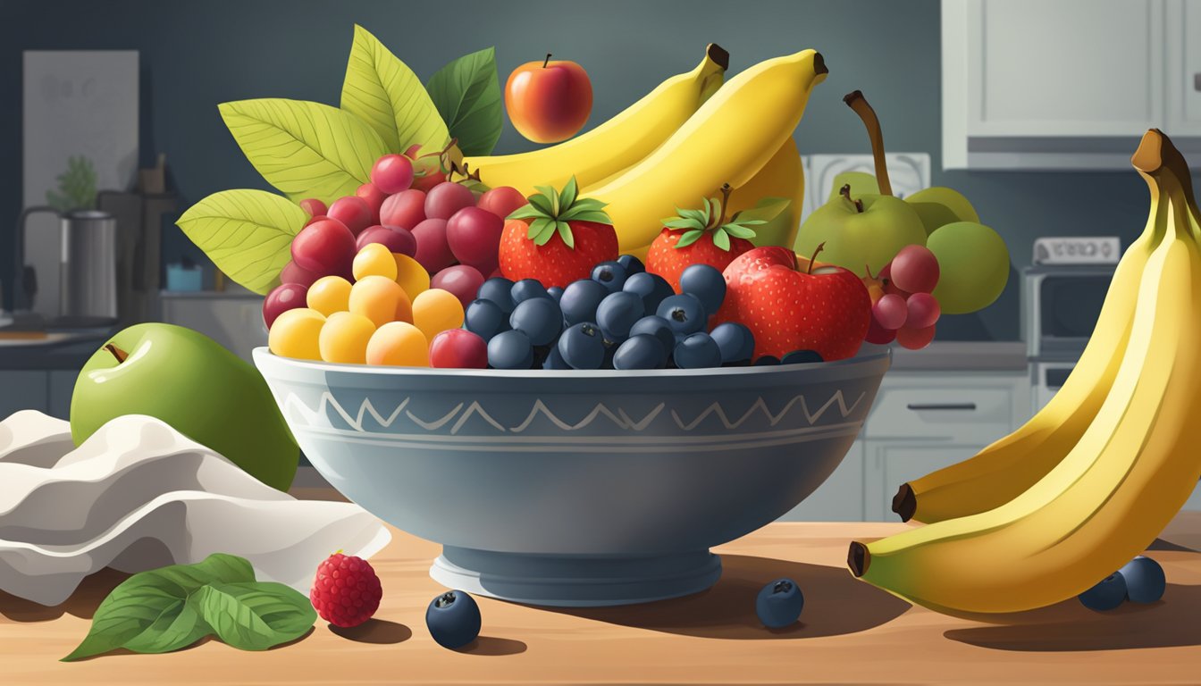 A bowl of fruit with a mix of fresh and overripe produce, including bananas, apples, and berries, sits on a kitchen counter