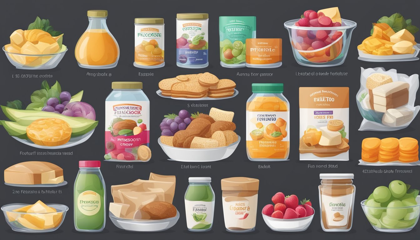 A table filled with various food products and their labels, with a focus on the fructose content and expiration dates