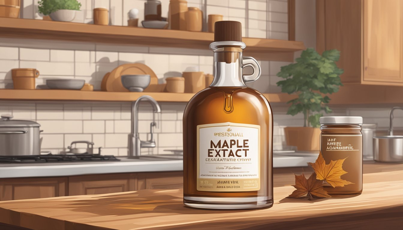 A bottle of maple extract sits on a kitchen counter, surrounded by warm, earthy tones. The label is clean and the liquid inside is a rich amber color