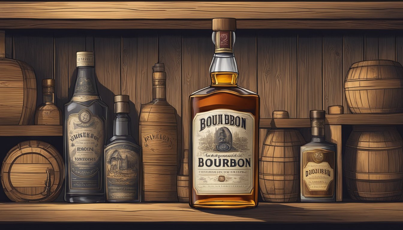 A bottle of bourbon sits on a wooden shelf, surrounded by other spirits. The label is slightly faded, but the liquid inside remains untouched