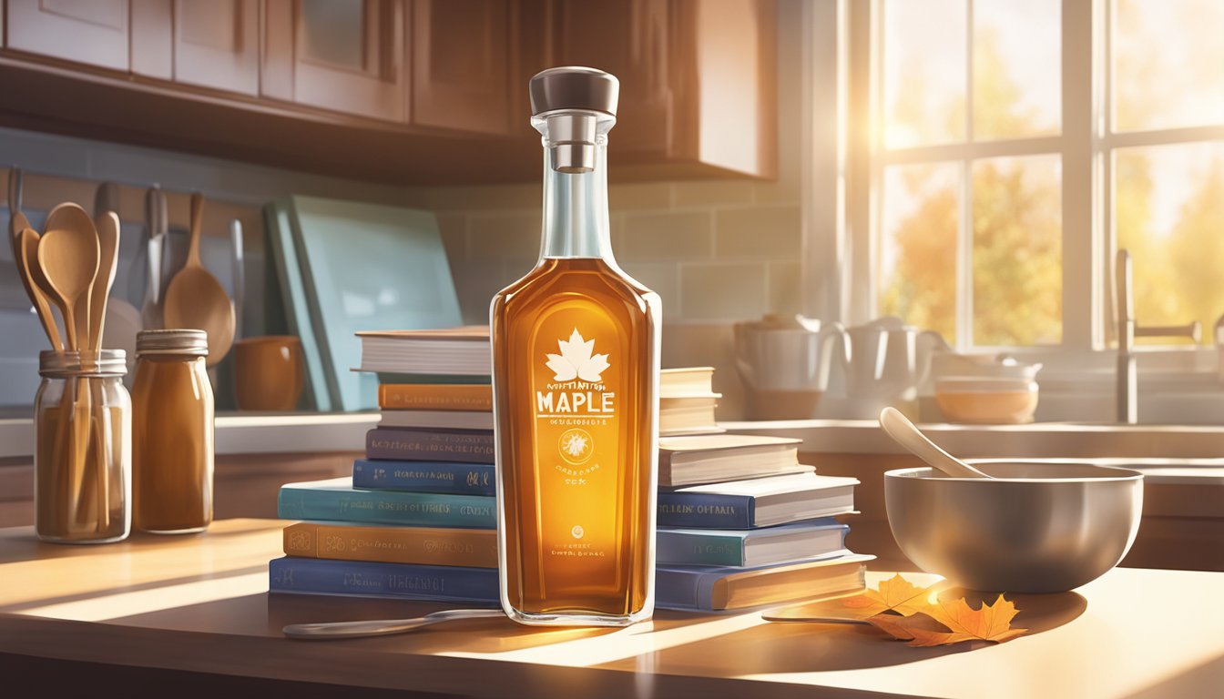 A bottle of maple extract sits on a kitchen counter next to a stack of recipe books and measuring spoons. The sunlight streams in through the window, casting a warm glow on the scene