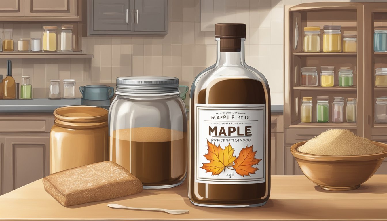 A bottle of maple extract sits on a kitchen shelf, surrounded by other baking ingredients. The label is pristine, and the liquid inside is clear and free from any signs of spoilage