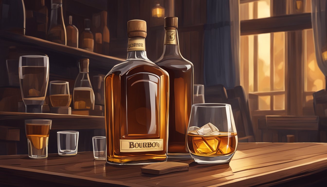 An open bottle of bourbon sits on a wooden table, surrounded by a few glasses and a cozy, dimly lit atmosphere