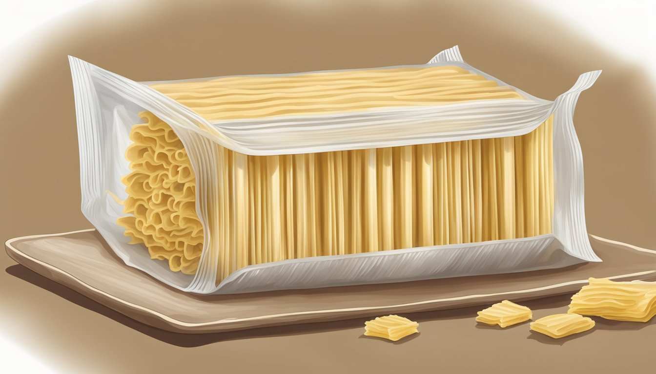 A package of dried lasagna noodles with visible signs of mold and discoloration