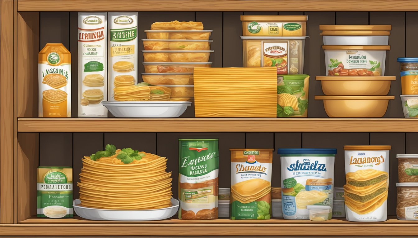 A pantry shelf with a box of lasagna noodles, expiration date visible