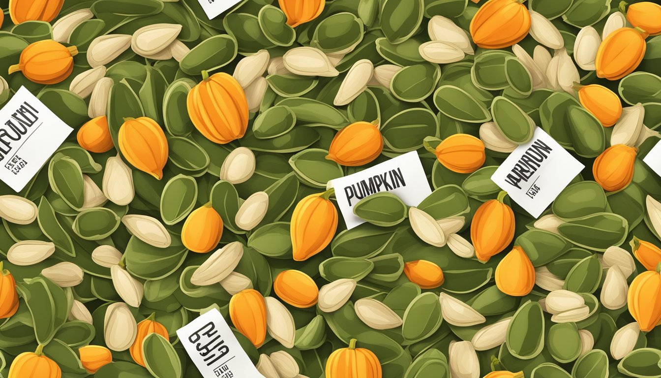 A pile of fresh pumpkin seeds with a variety of nutritional information labels scattered around them