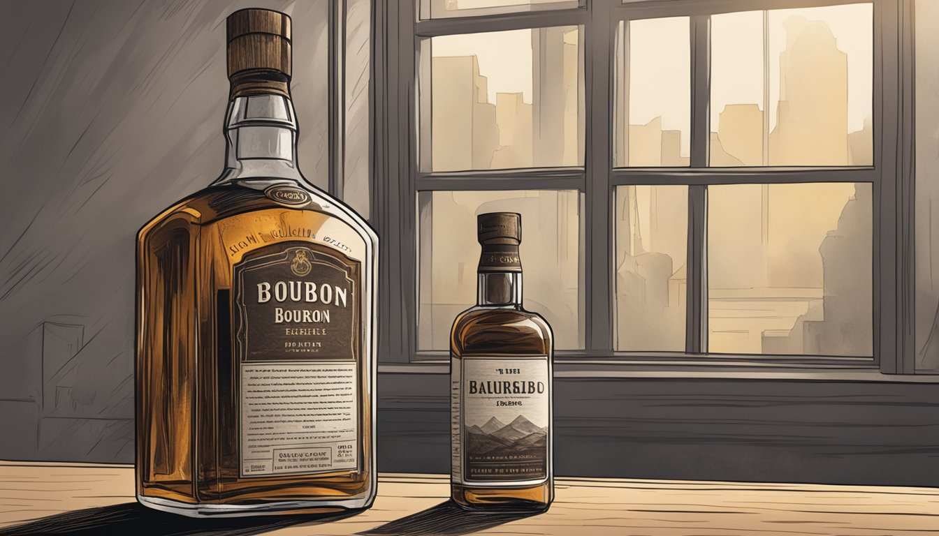 A bottle of bourbon sits untouched on a dusty shelf, its label peeling and the liquid inside dark and still