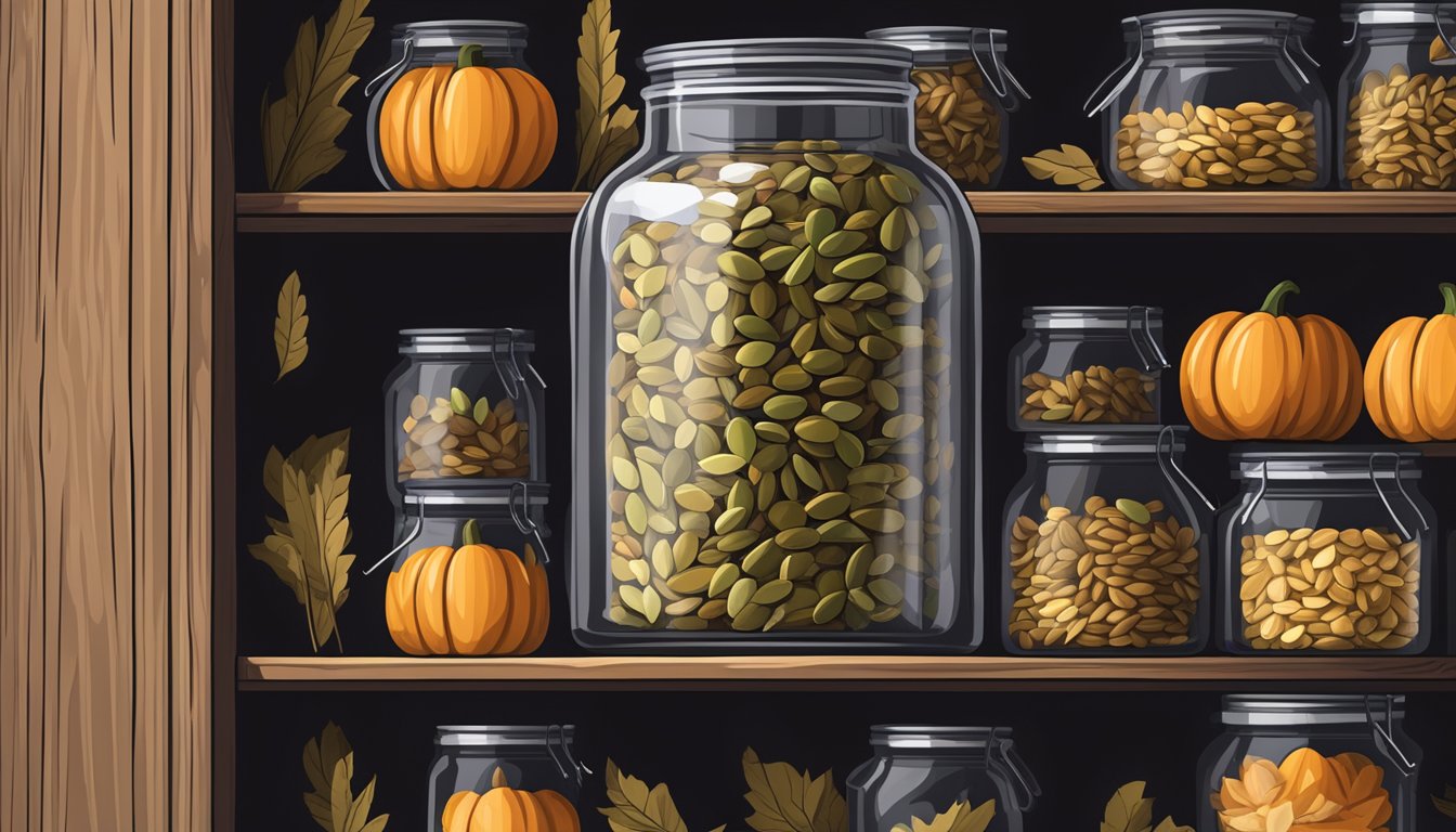 A glass jar filled with dry pumpkin seeds sits on a wooden shelf in a cool, dark pantry