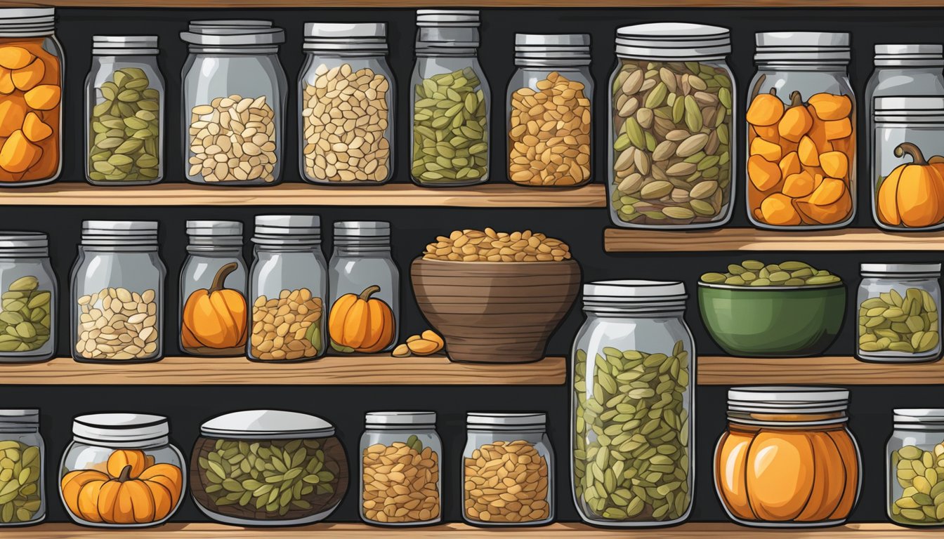 A mason jar filled with pumpkin seeds sits on a wooden shelf, surrounded by other preserved foods. The seeds appear plump and fresh, indicating good quality and long shelf life