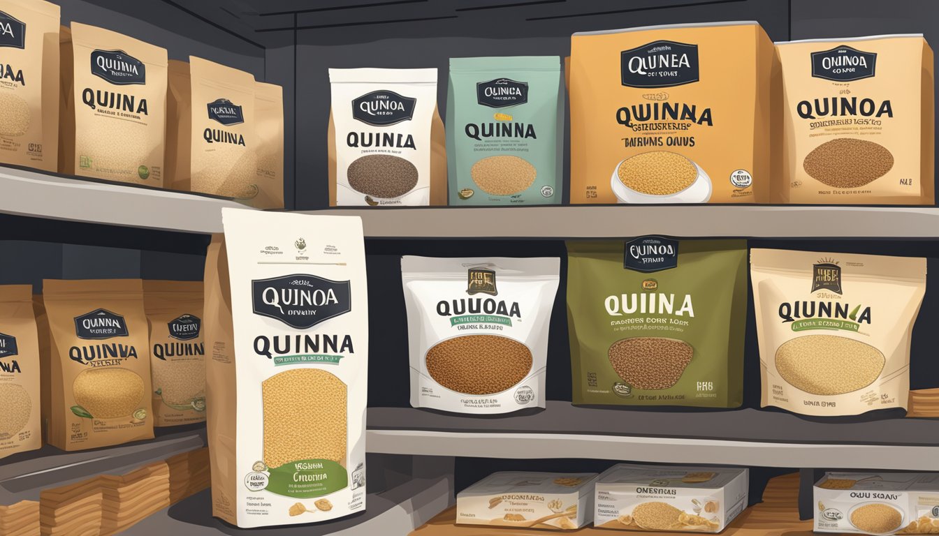 A bag of quinoa sits on a pantry shelf, surrounded by other dry goods. The packaging is unopened and the quinoa appears dry and intact