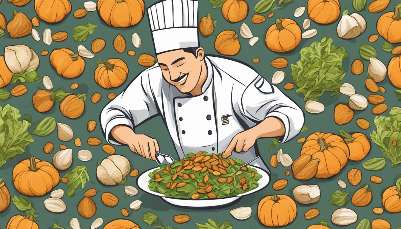 A chef sprinkles roasted pumpkin seeds onto a salad, adding a crunchy texture and nutty flavor