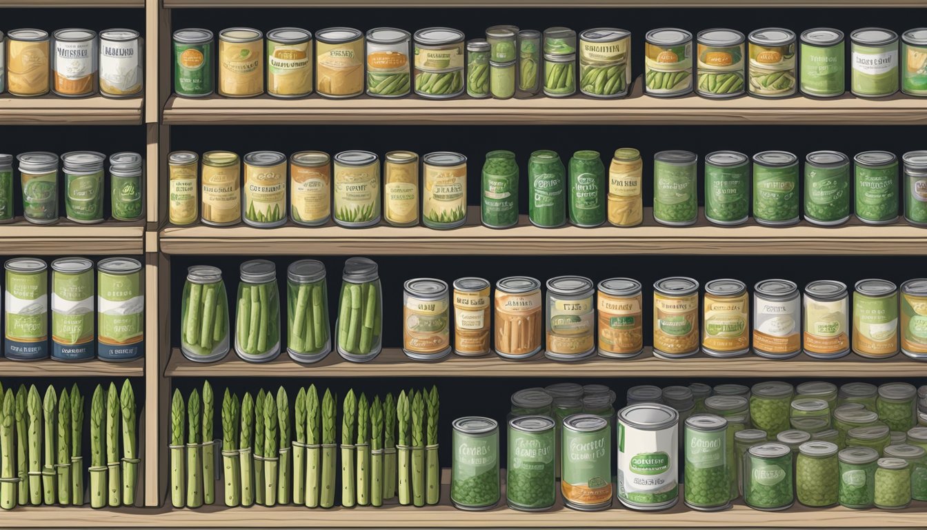 A pantry shelf with neatly organized rows of canned asparagus, some with faded expiration dates, others unopened and pristine