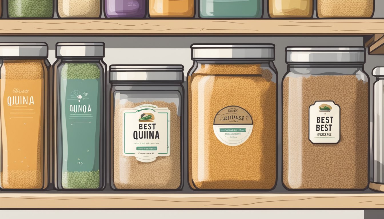 A pantry shelf with a sealed container of quinoa, surrounded by other dry goods and labeled with a "best by" date