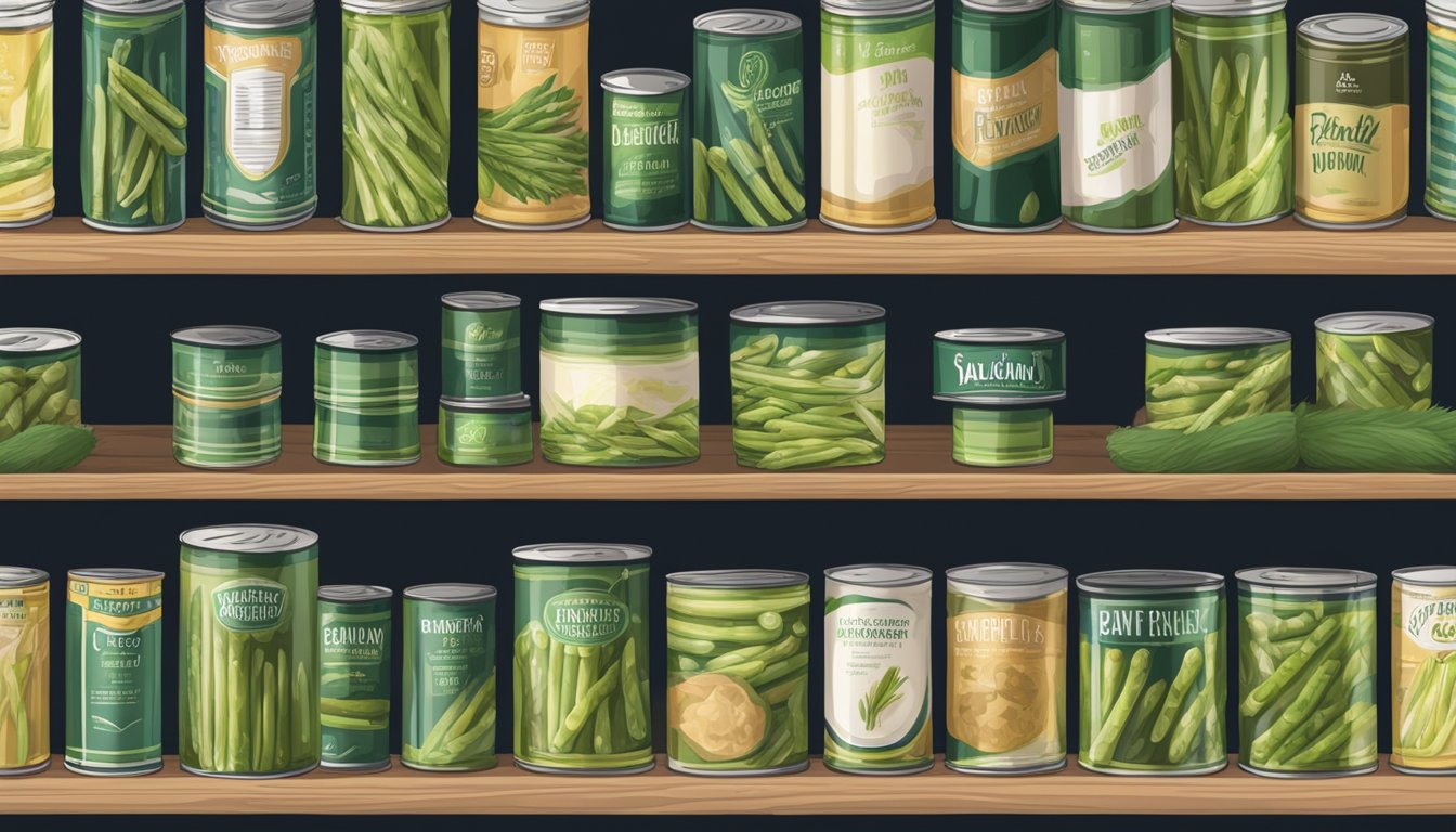 A pantry shelf with expired canned asparagus, dusty and forgotten