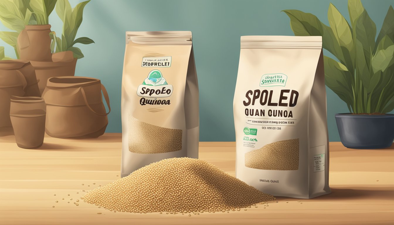 A pile of quinoa grains, some discolored and emitting a foul odor, sits next to a bag labeled "Spoiled Quinoa."