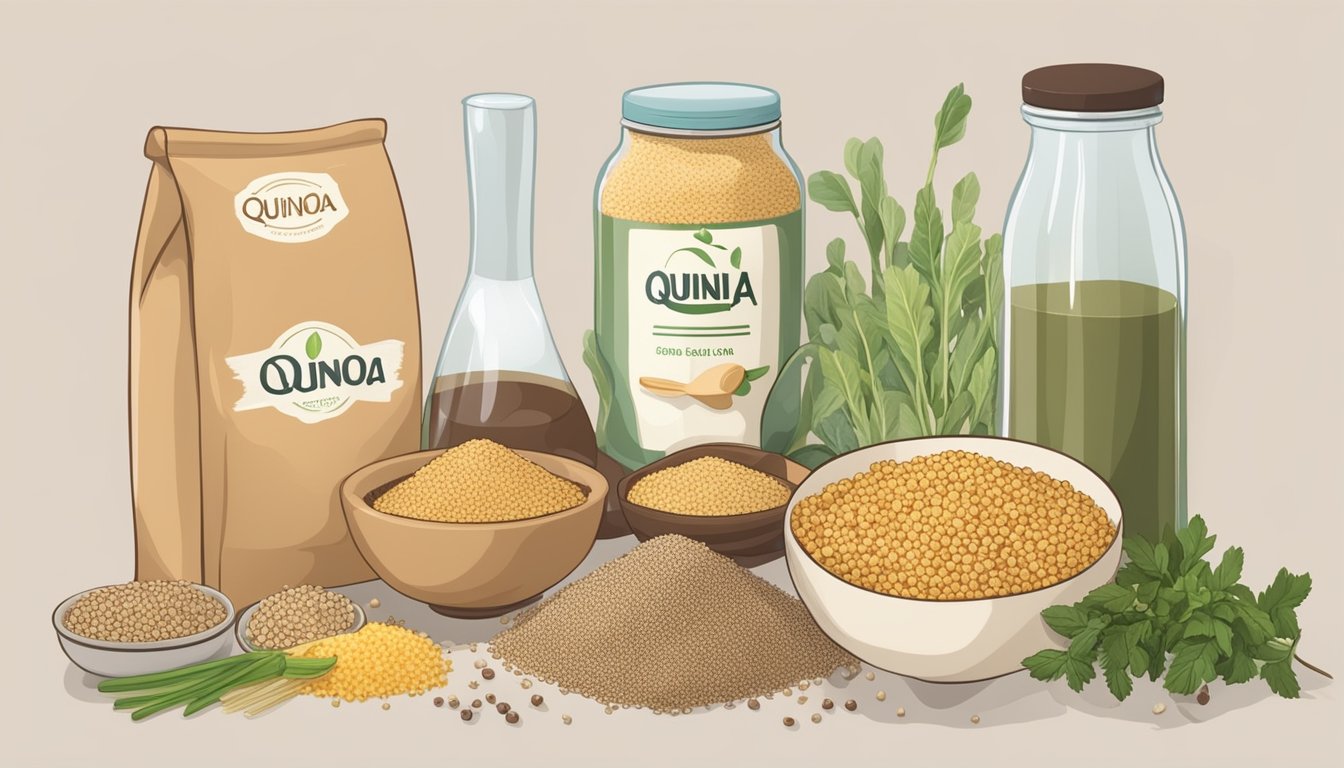 A bag of quinoa sits on a kitchen counter, surrounded by various ingredients and cooking utensils. The quinoa appears dry and intact, with no signs of spoilage