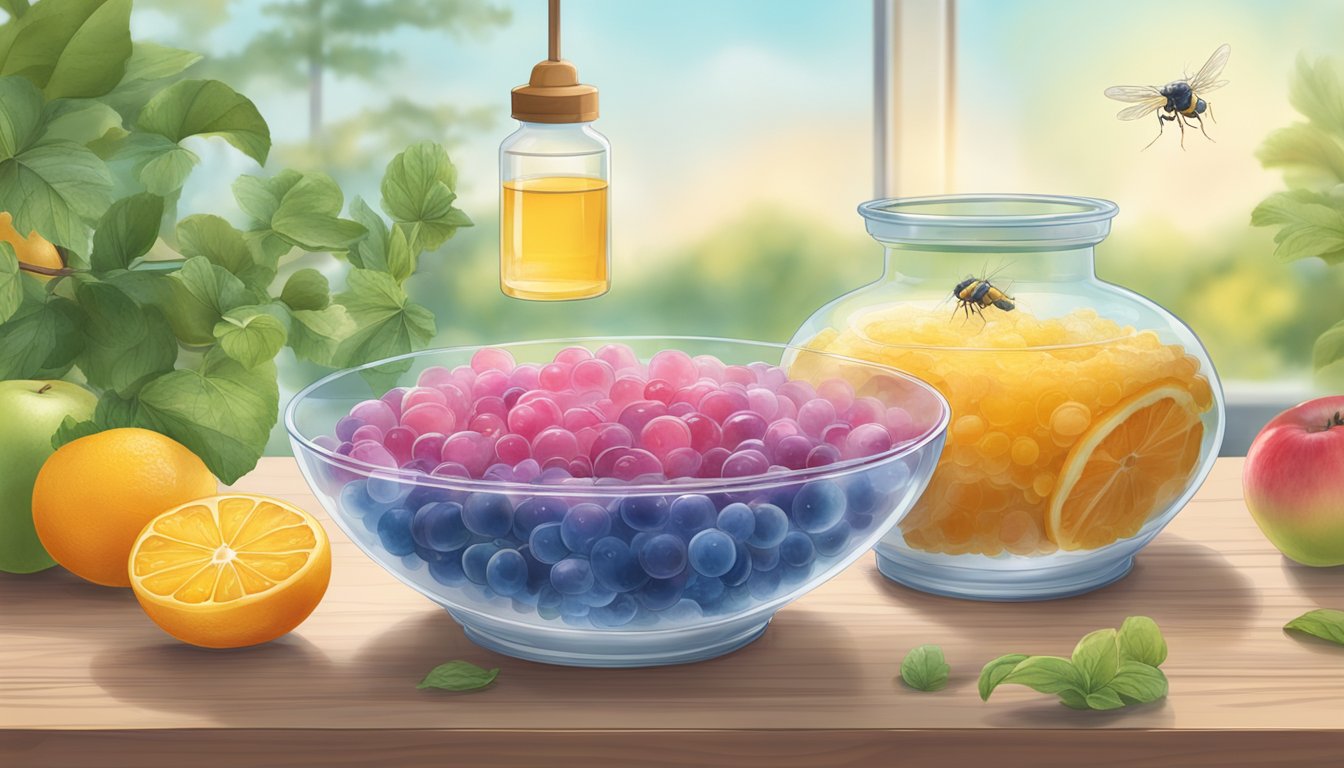 A clear bowl of gelatin sits on a table, surrounded by fruit flies and emitting a foul odor