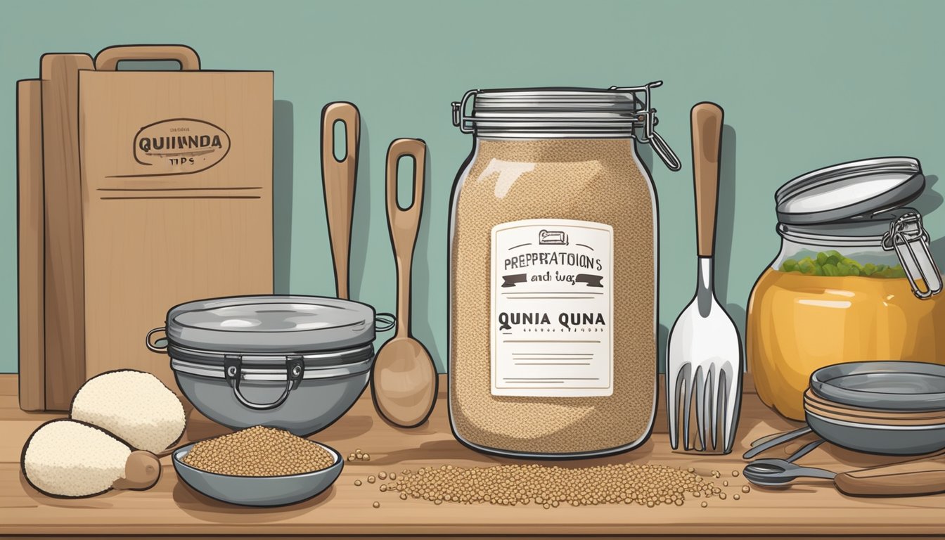 A jar of quinoa with a label indicating "Preparation and Usage Tips" surrounded by various kitchen utensils and ingredients