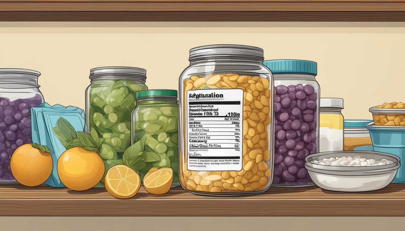 A jar of gelatin sits unopened on a kitchen shelf, surrounded by various food items. The expiration date on the label is clearly visible