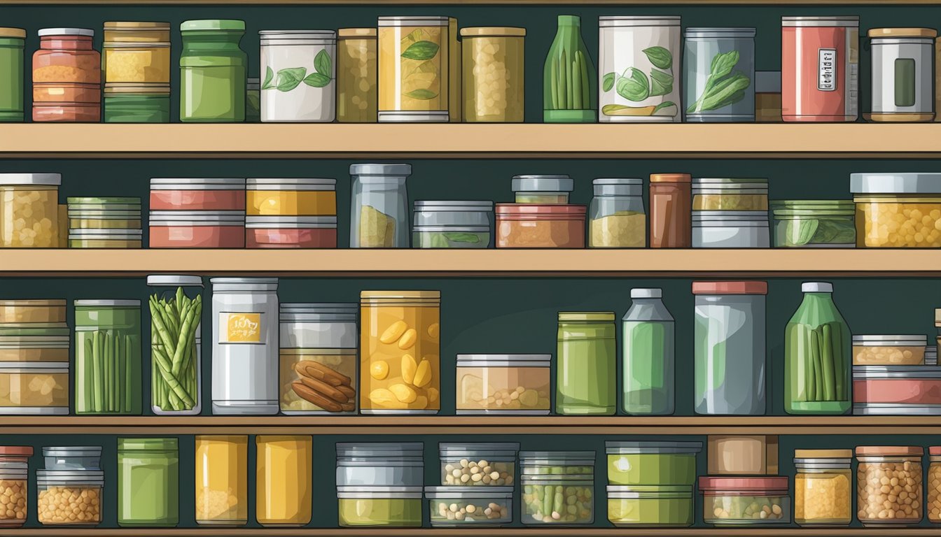 A pantry shelf with expired canned asparagus, surrounded by other expired and unused food items