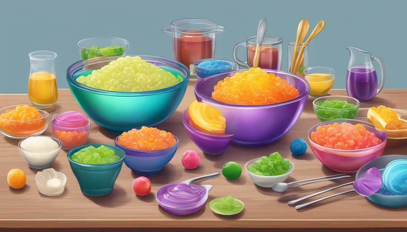 A colorful bowl of gelatin sits on a table, surrounded by various toppings and utensils. The gelatin is perfectly set and ready to be enjoyed