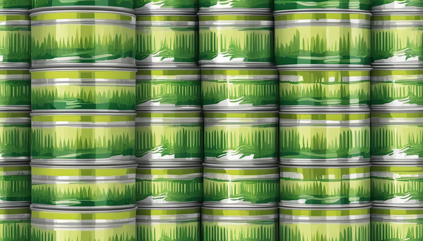 A stack of canned asparagus with expiration dates visible