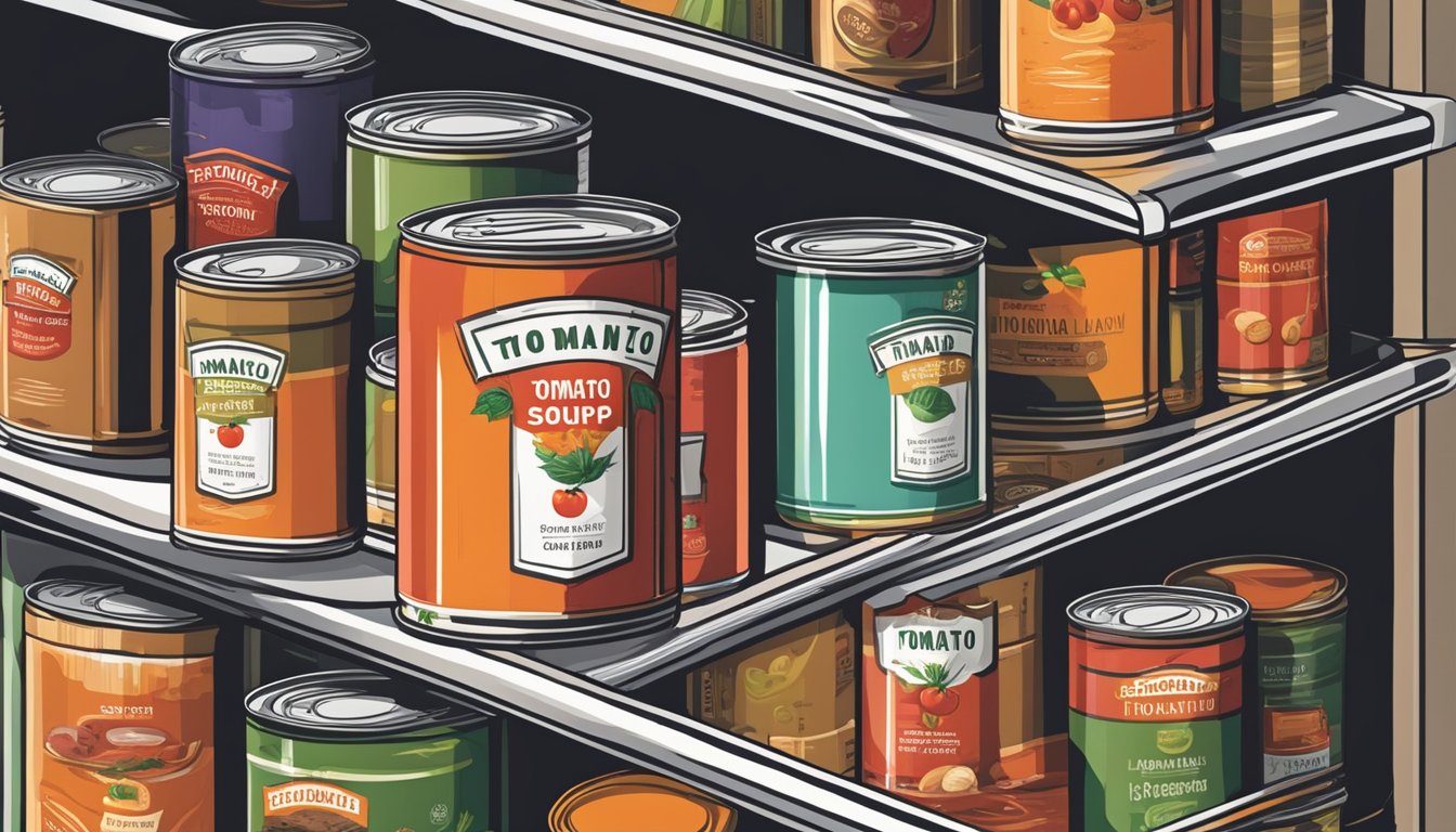 A can of tomato soup sits on a pantry shelf, surrounded by other canned goods. The label is clean and unopened, with no signs of spoilage