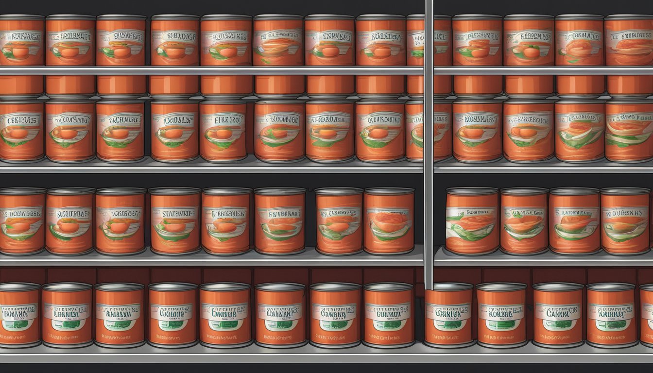 A stack of canned tomato soup lined up on a shelf, with expiration dates clearly visible on the labels