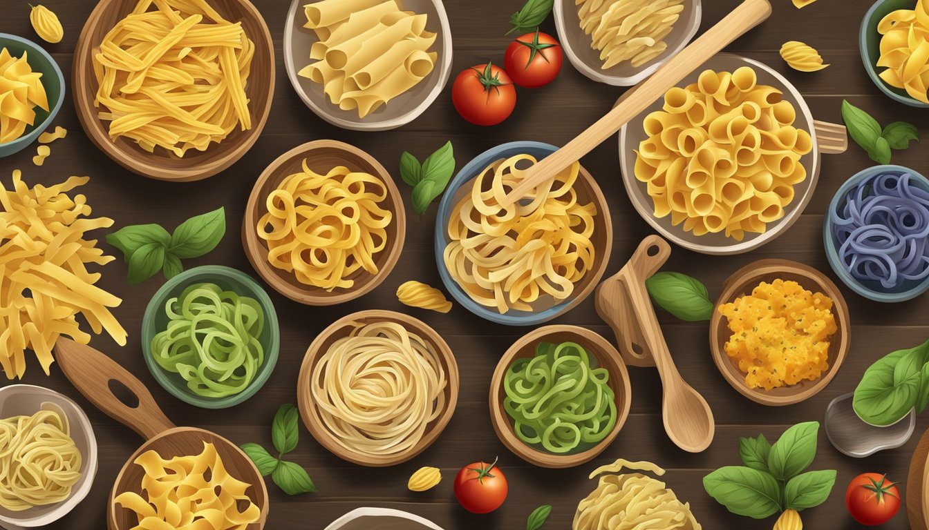 A colorful array of pasta varieties, including macaroni, arranged in a rustic kitchen setting with assorted ingredients and cooking utensils