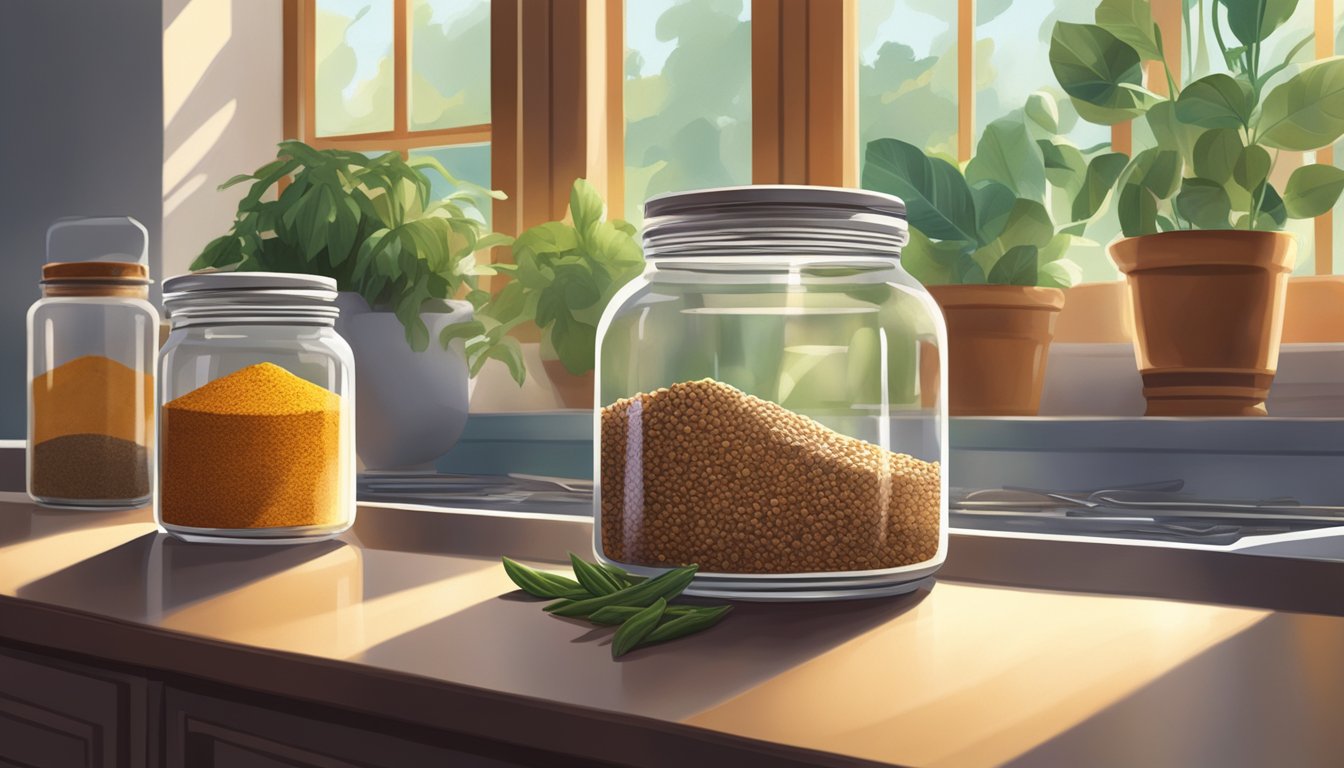 A jar of Grains of Paradise sits on a kitchen counter, surrounded by various spices and herbs. The sunlight streams in through a nearby window, casting a warm glow on the exotic spice