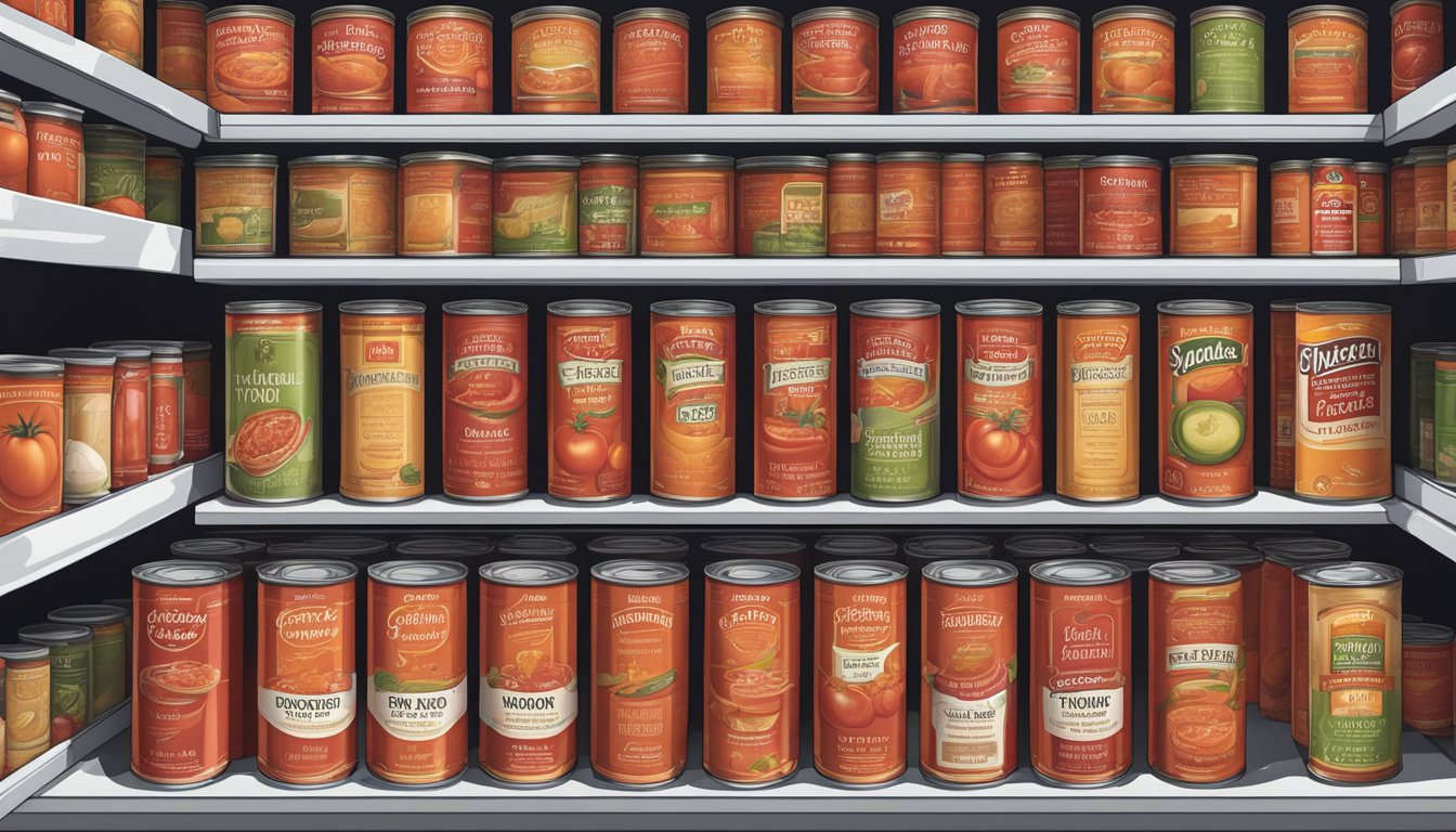 Canned tomato soup stored in a cool, dry pantry with labels facing forward