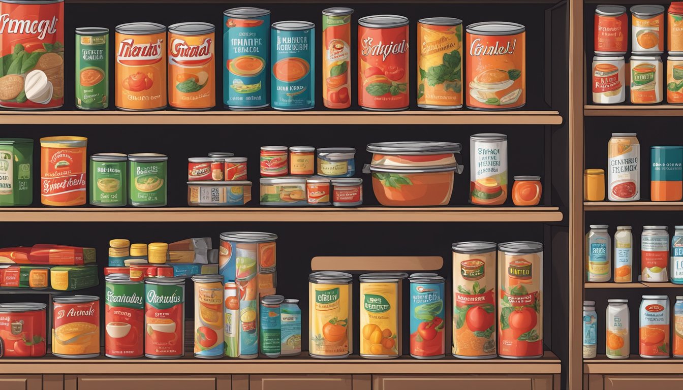 A pantry shelf with a dusty can of tomato soup, surrounded by other canned goods