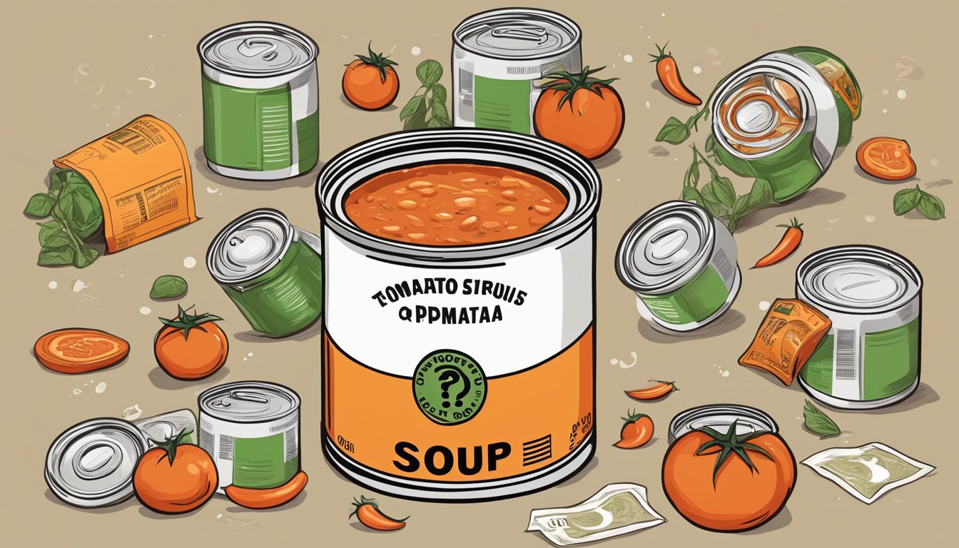 An open can of tomato soup surrounded by various expiration dates and a question mark