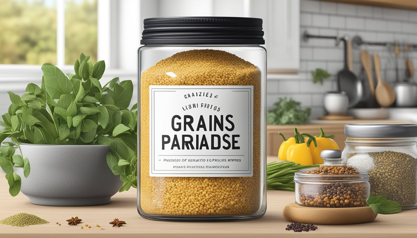 A jar of grains of paradise sits on a clean, organized kitchen counter next to other spices and herbs. The label on the jar is clear and the contents appear fresh and aromatic