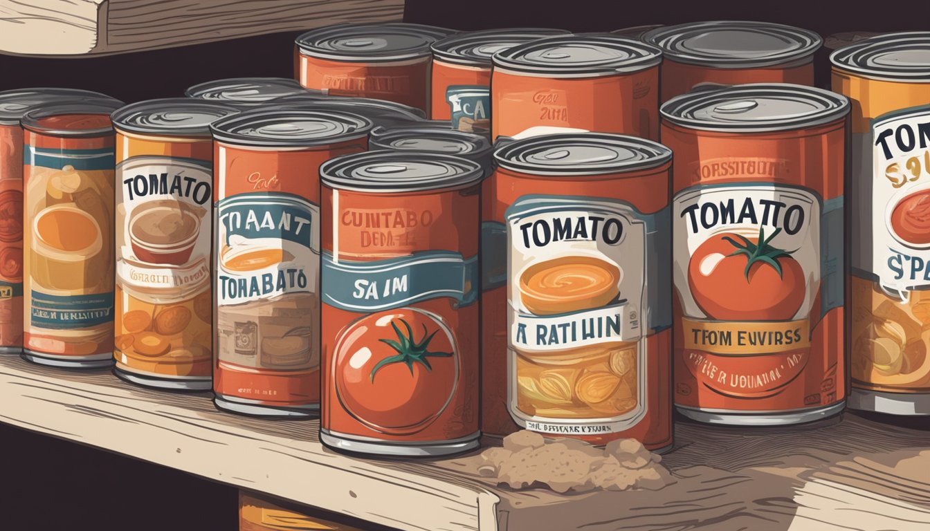 A can of tomato soup sits on a cluttered pantry shelf, surrounded by other canned goods. The label is faded and dusty, hinting at its age