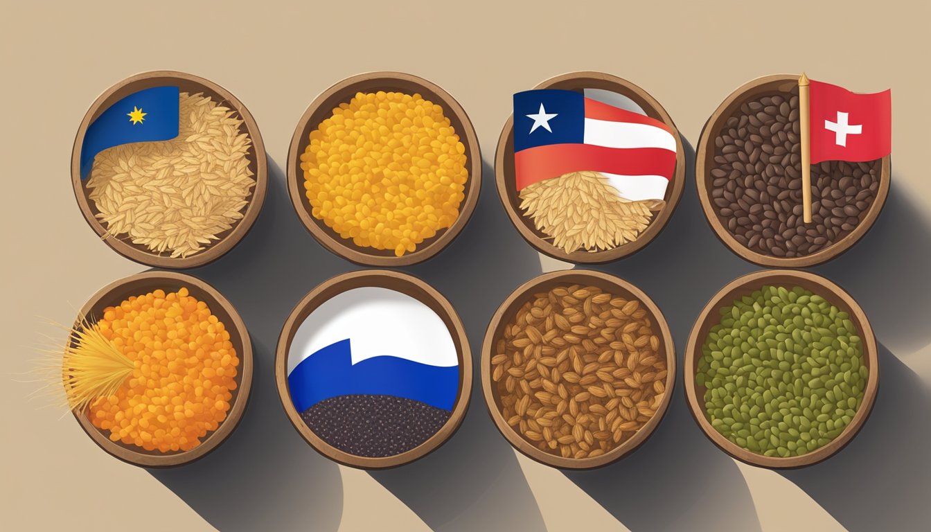 A colorful array of grains of paradise from different regions, displayed in rustic containers against a backdrop of maps and flags from around the world