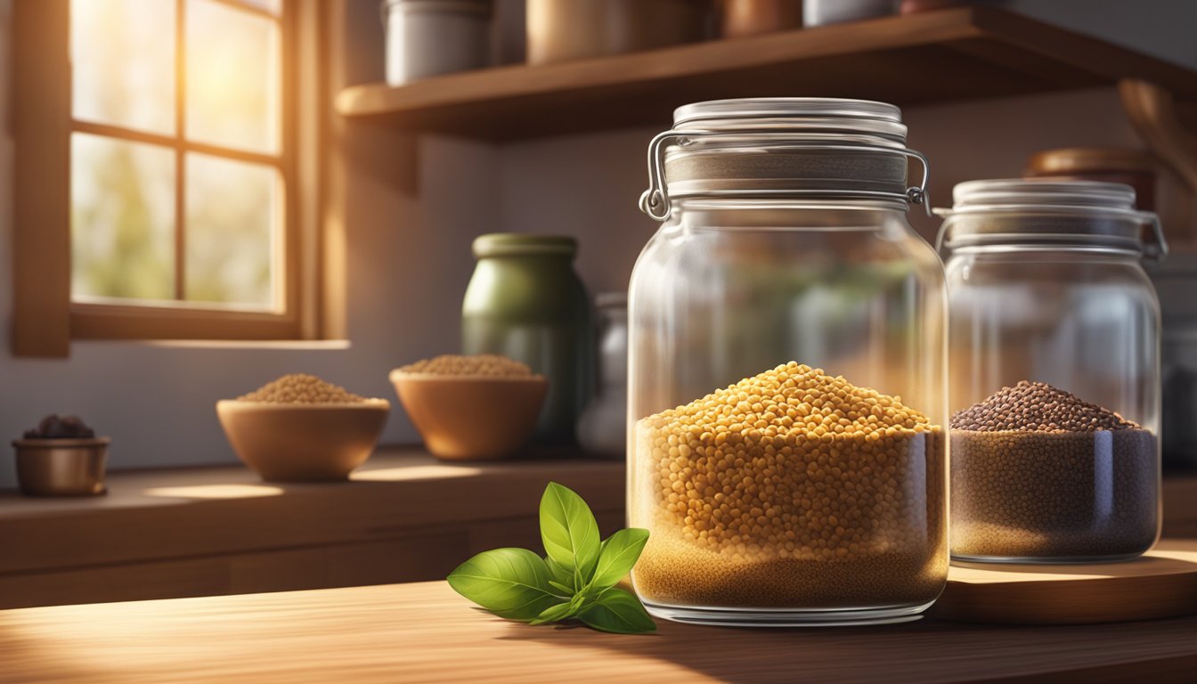 A jar of grains of paradise sits on a rustic wooden kitchen shelf next to various spices and herbs. The warm sunlight streams in through the window, casting a soft glow on the jar