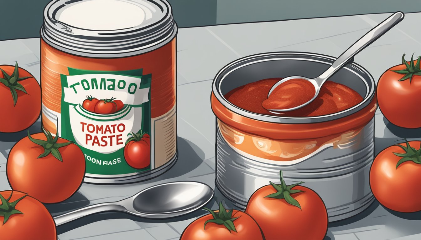 A can of tomato paste sits open on a kitchen counter, surrounded by a few whole tomatoes. A small amount of paste is spread on a spoon, with no signs of spoilage