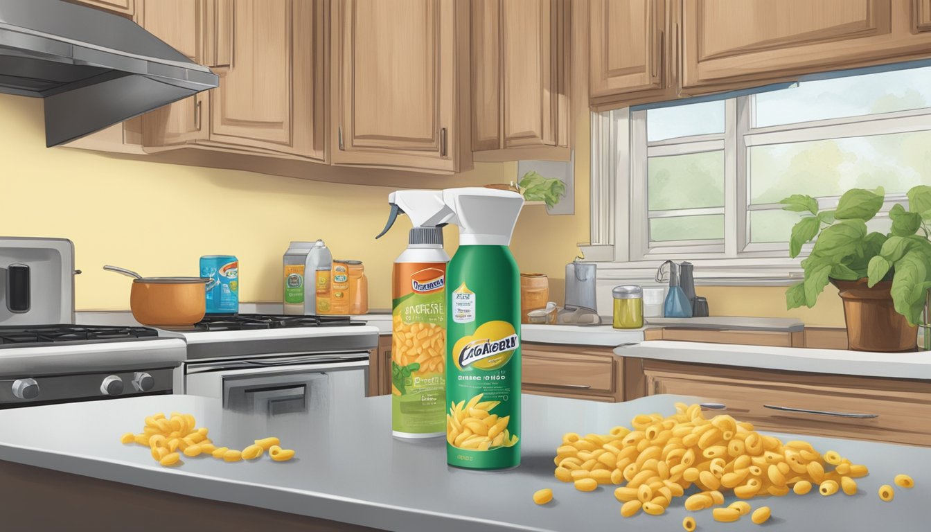 A kitchen counter with a box of macaroni, a few pests crawling around, and a person reaching for a can of pest spray