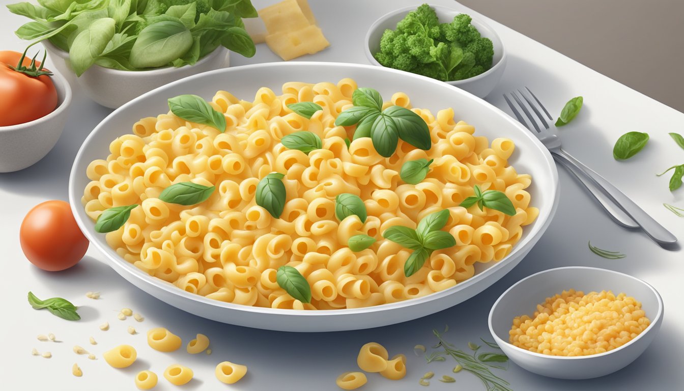 A steaming bowl of macaroni sits on a clean, white table, surrounded by fresh ingredients and a fork