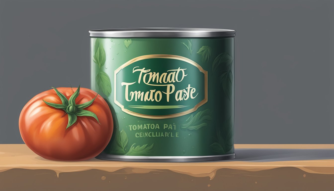 A bulging and dented can of tomato paste with a pungent odor, surrounded by mold and discoloration