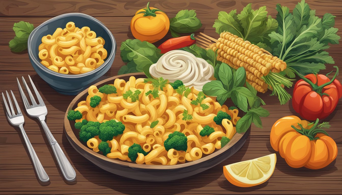 A steaming bowl of macaroni sits on a rustic wooden table, surrounded by vibrant vegetables and herbs. A fork twirls a perfect bite