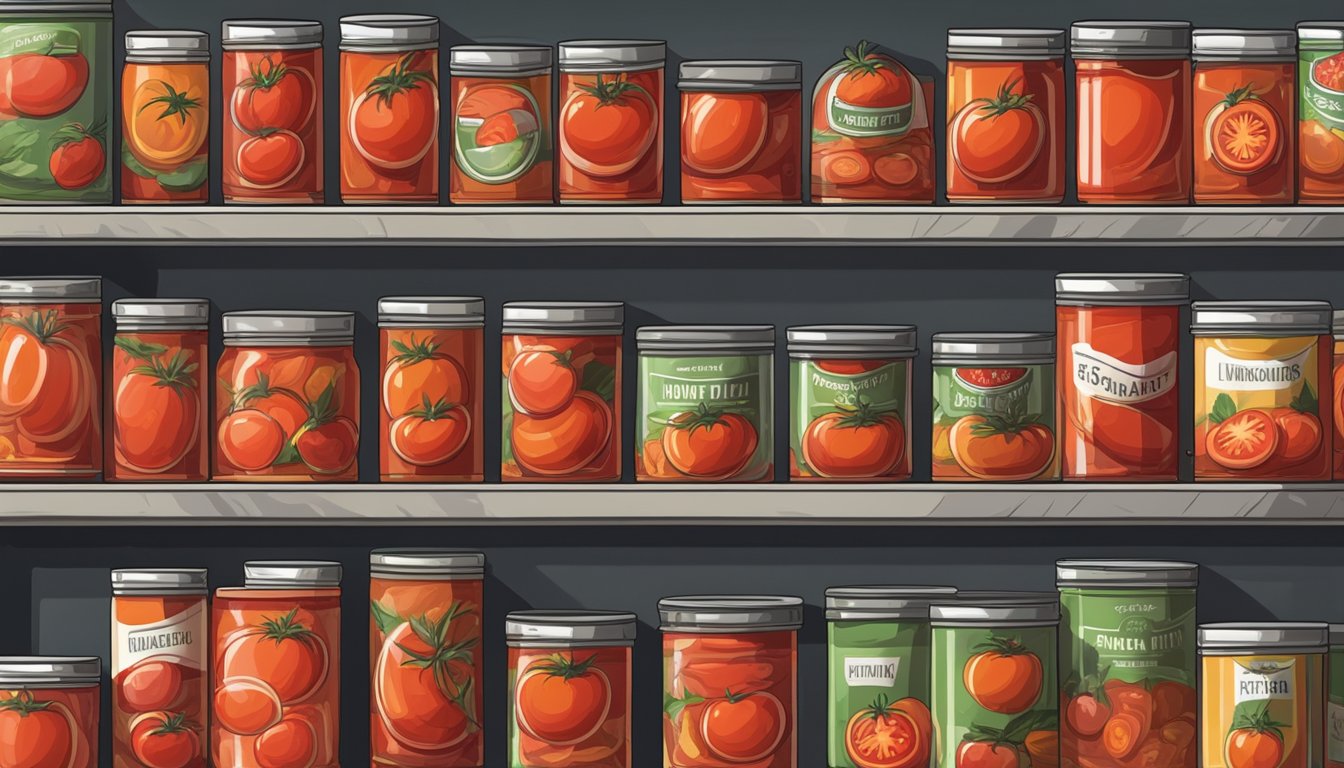 Canned tomatoes and paste stored on a shelf with proper ventilation and away from direct sunlight