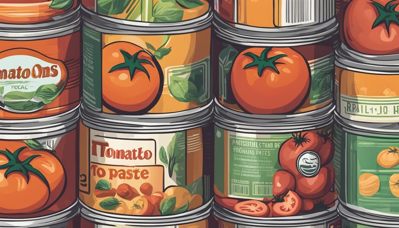 A can of tomato paste sits on a shelf, surrounded by other canned goods. The label is clean and unopened, with no signs of spoilage