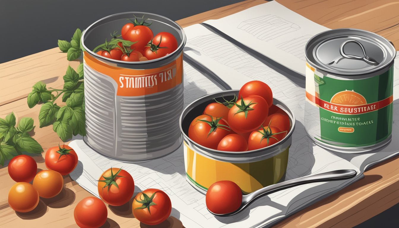 A kitchen counter with open cans of tomatoes, a spoon, and a stained recipe book