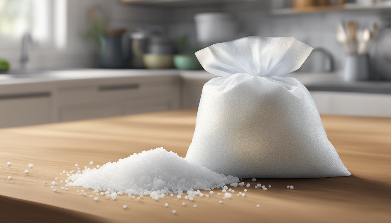 A bag of sugar with crystalline texture, sitting on a kitchen counter