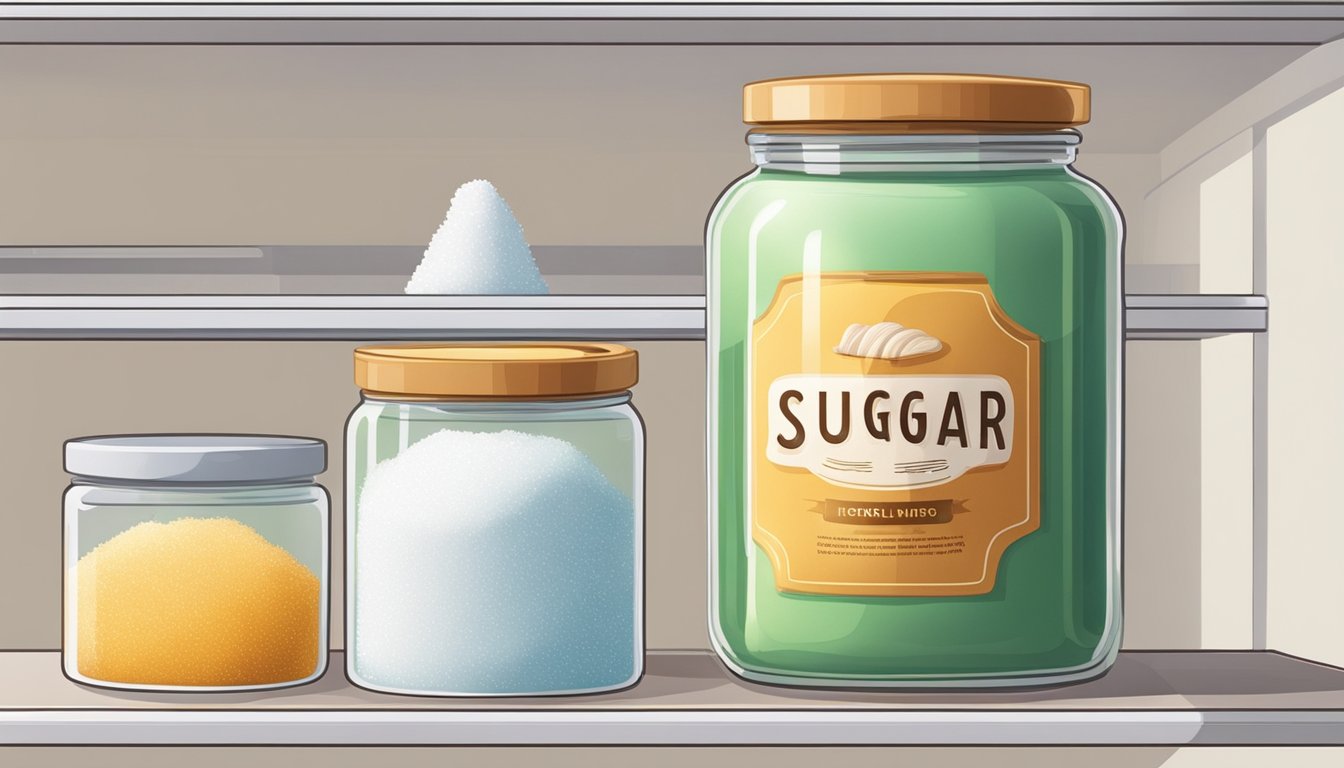 A jar of sugar sits on a shelf, exposed to light and air. Nearby, a bag of sugar is sealed tightly in a pantry