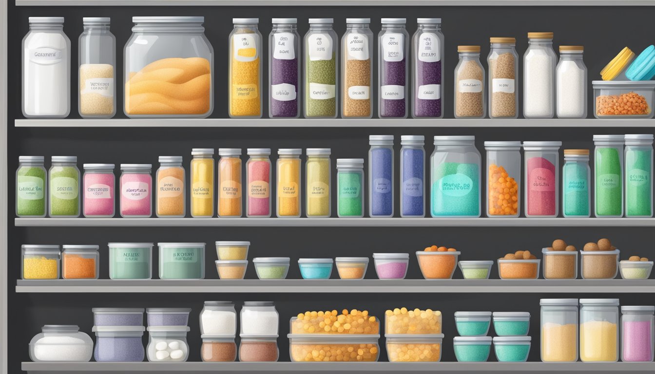 A neatly organized pantry shelf with a variety of airtight containers filled with sugar, labeled and dated for easy identification