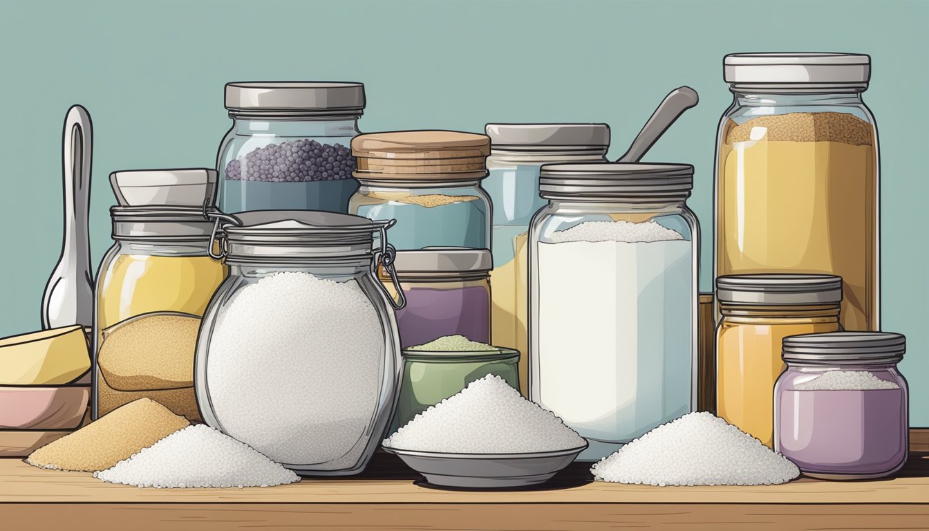 A jar of sugar sits on a kitchen counter, surrounded by various baking ingredients and utensils. The lid is slightly ajar, hinting at its frequent use