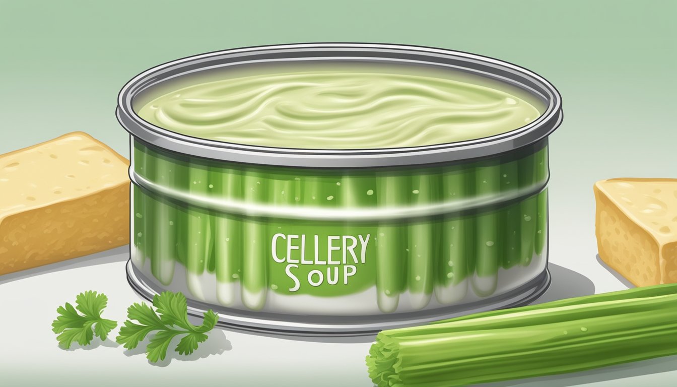 A bulging, dented can of cream of celery soup with a foul odor and visible mold